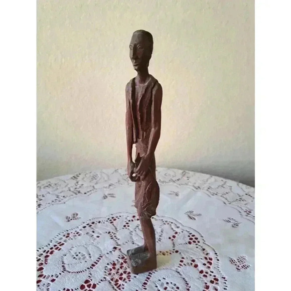 SCULPTURE Hand Carved Wooden Tall Man WITH FISH IN HAND - Picture 1 of 4